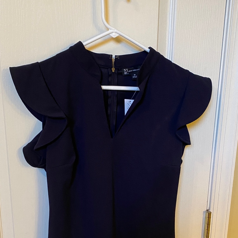 New York & Company Navy Ruffle Sleeve Mini Dress